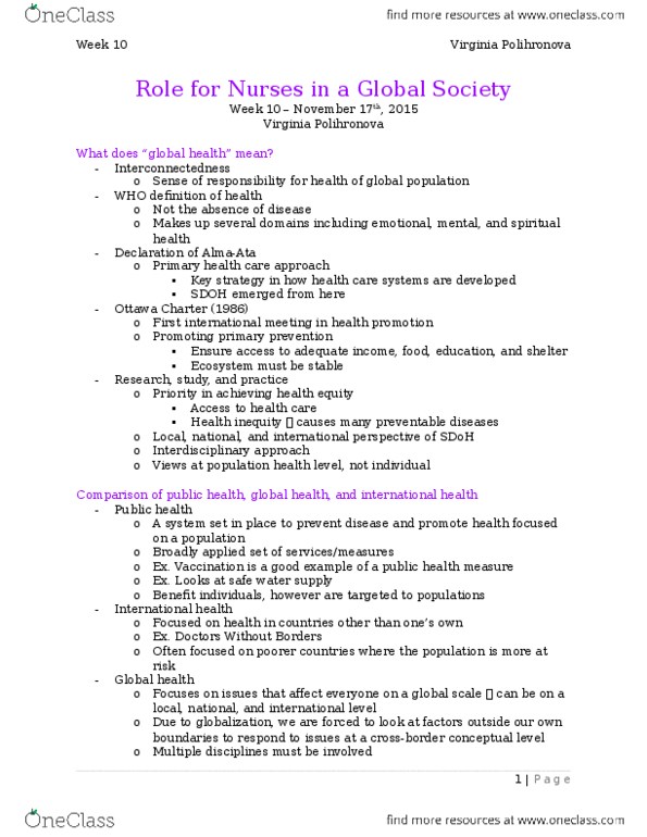 Nursing 1060A/B Lecture Notes - Lecture 9: Médecins Sans Frontières, International Health, Primary Healthcare thumbnail