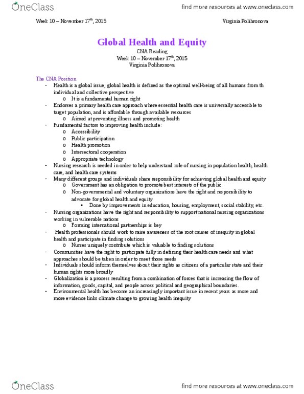 Nursing 1060A/B Chapter Notes - Chapter 1: Global Health, Global Issue, Health Promotion thumbnail