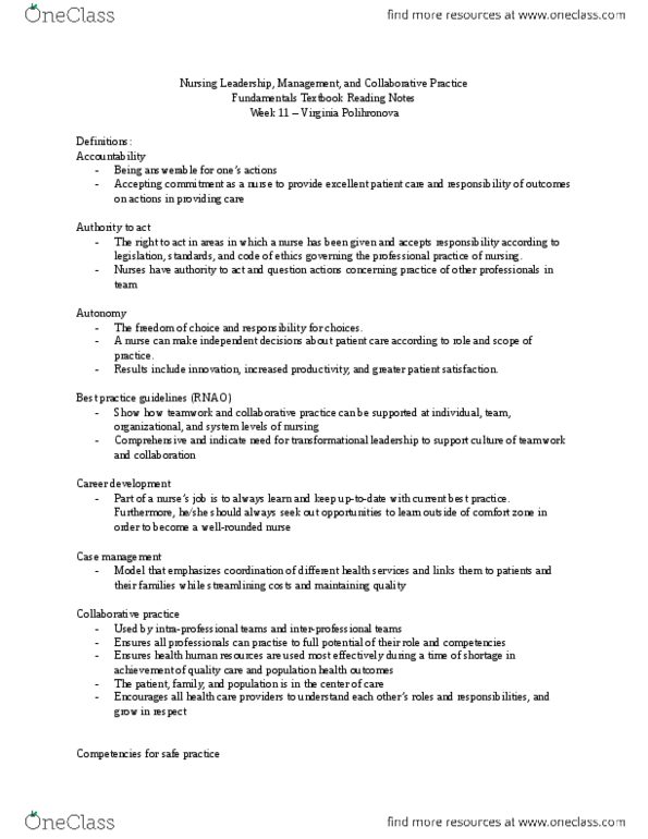 Nursing 1060A/B Chapter Notes - Chapter 4: Primary Nursing, Job Enrichment, Registered Nurse thumbnail