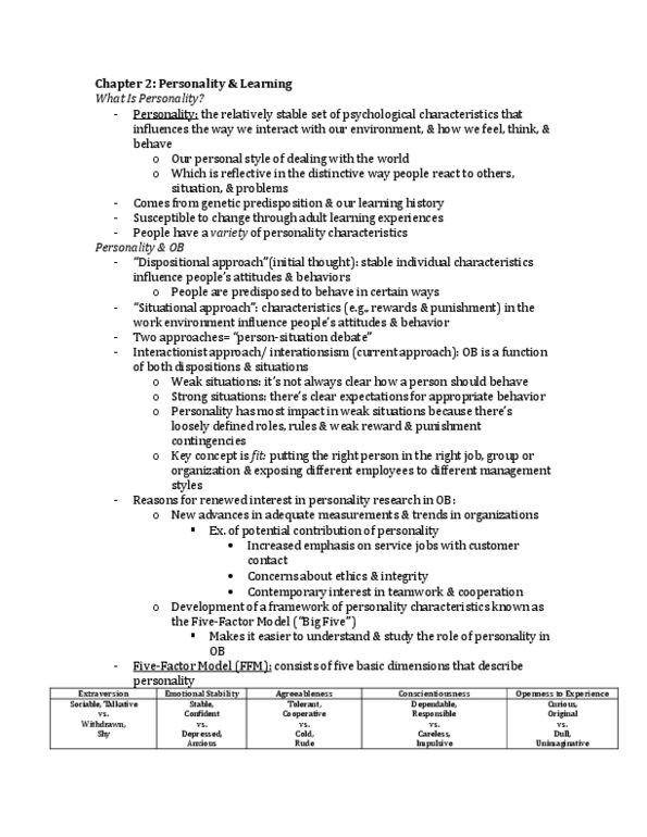 Management and Organizational Studies 2181A/B Chapter Notes -Organizational Behavior, Job Performance, Extraversion And Introversion thumbnail