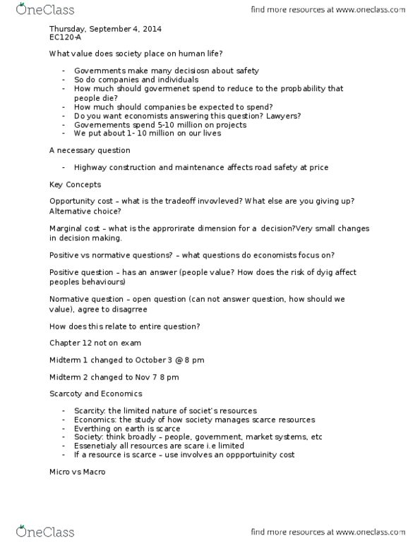 EC120 Lecture Notes - Lecture 1: Marginal Cost, Opportunity Cost thumbnail