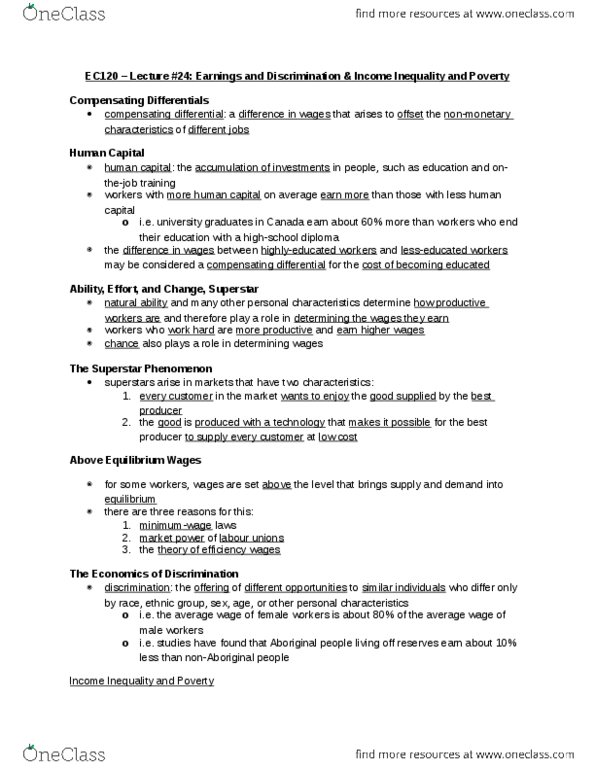 EC120 Lecture Notes - Lecture 24: Efficiency Wage, Human Capital, Market Power thumbnail