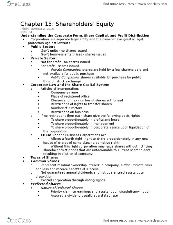 ACCT 3340 Lecture Notes - Lecture 15: Canada Business Corporations Act, Legal Personality, Issued Shares thumbnail