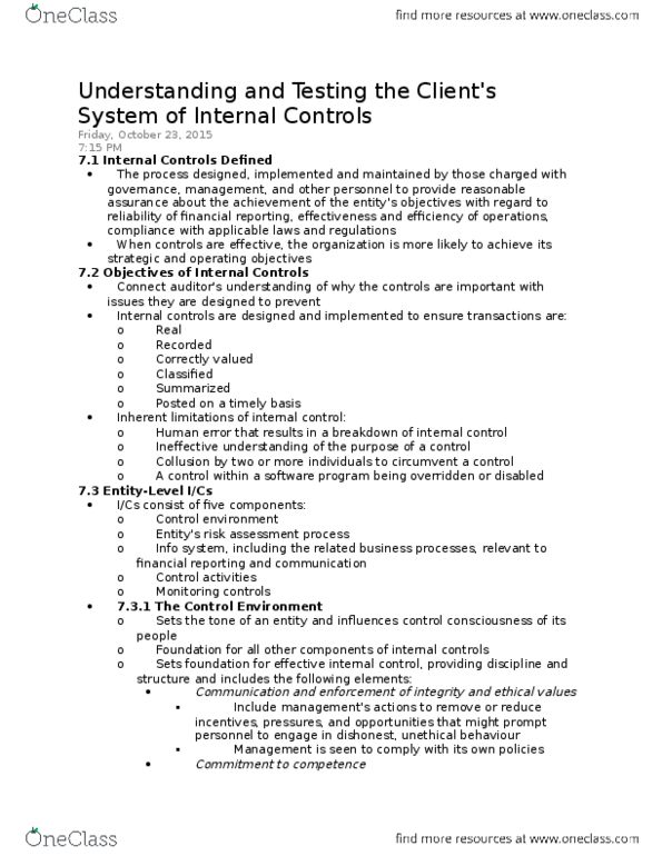 ACCT 3280 Chapter Notes - Chapter 7: Internal Control, Risk Assessment, Transaction Processing thumbnail