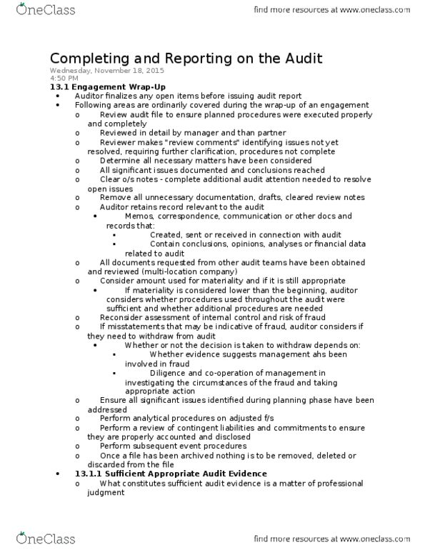 ACCT 3280 Chapter Notes - Chapter 13: Audit Evidence, Bilocation, Contingent Liability thumbnail