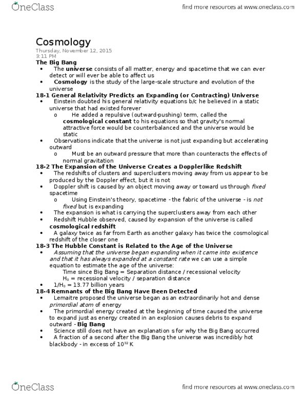 PHYS 1600 Chapter Notes - Chapter 18: Recessional Velocity, Cosmological Constant, Redshift thumbnail