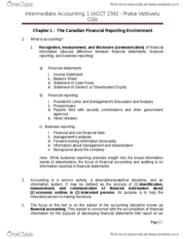 ACCT-256 Lecture Notes - Lecture 2: Business Reporting, Financial Statement, Cash Flow thumbnail