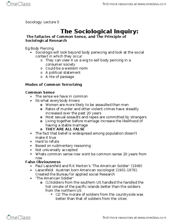 SOC 1101 Lecture Notes - Lecture 5: Sociological Inquiry, The American Soldier, Paul Lazarsfeld thumbnail