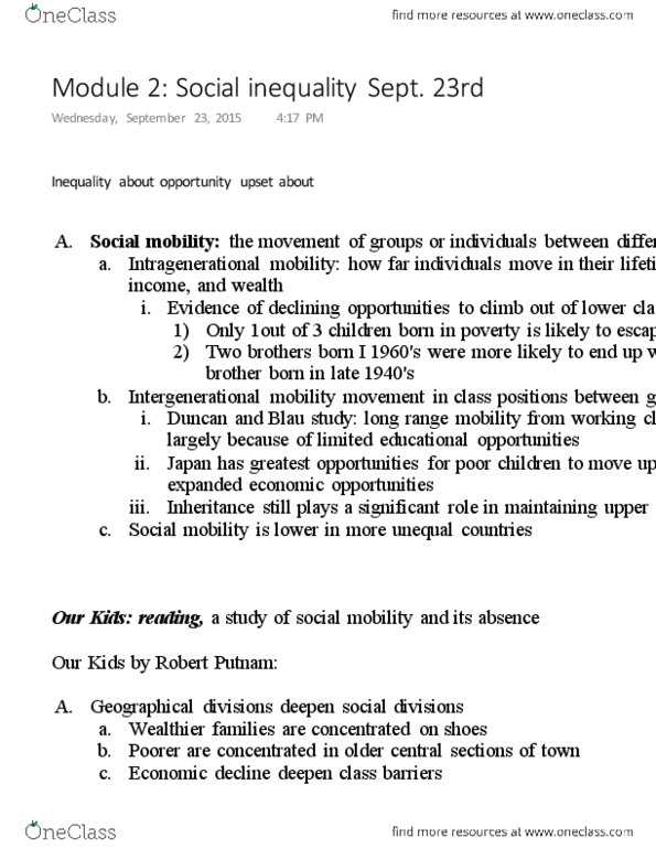SOCIOL 3AC Lecture Notes - Lecture 16: Robert D. Putnam, Social Inequality, Economic Mobility thumbnail
