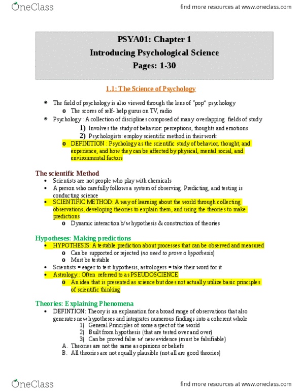 PSYA01H3 Chapter Notes - Chapter 1: Scientific Method, Psychological Science, Personality Psychology thumbnail