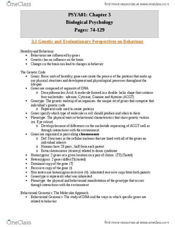 PSYA01H3 Chapter Notes - Chapter 3: Trisomy, Zygosity, Heredity thumbnail