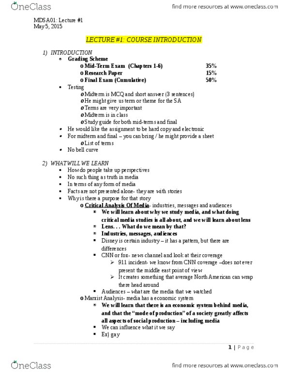 MDSA01H3 Lecture Notes - Lecture 1: Fox News, Media Studies, Study Guide thumbnail