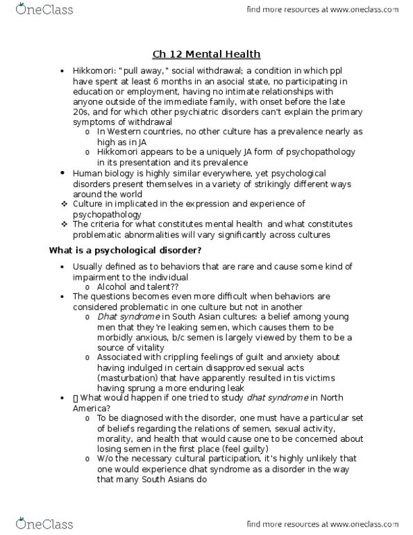 PSYC14H3 Chapter Notes - Chapter 12: Psychopathology, Anorexia Nervosa, Bulimia Nervosa thumbnail