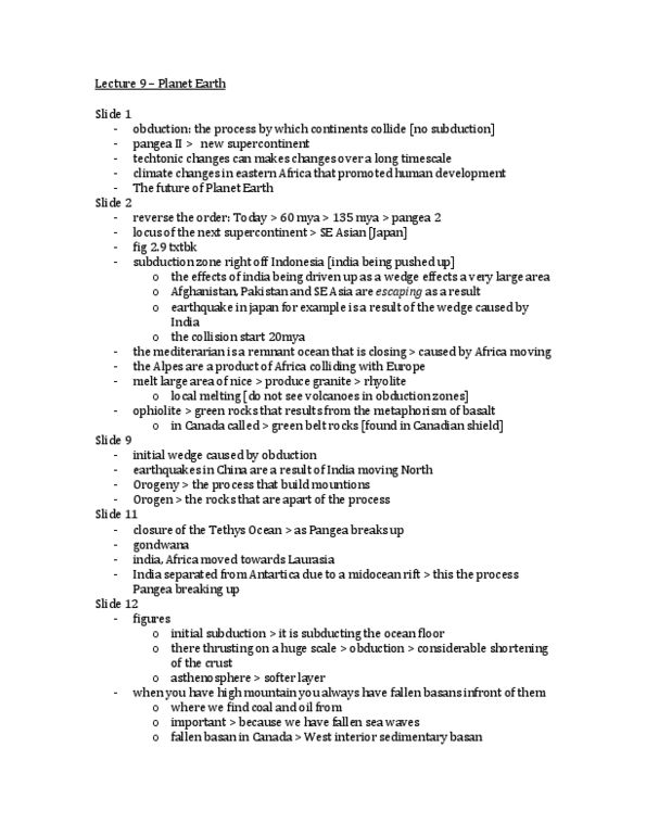 EESA06H3 Lecture Notes - Lecture 9: Subduction, Tethys Ocean, Obduction thumbnail