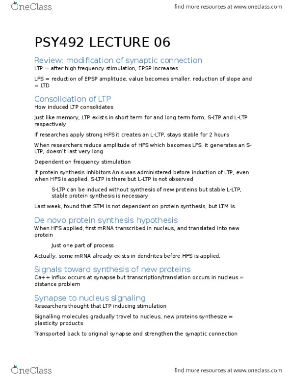 PSY492H1 Lecture Notes - Lecture 6: Protein Synthesis Inhibitor, Antidromic, Immediate Early Gene thumbnail