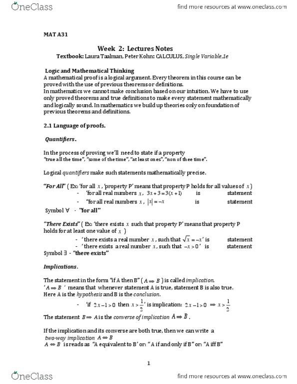 MATA31H3 Lecture Notes - Lecture 4: Mathematical Proof, Language Of Mathematics, If And Only If thumbnail