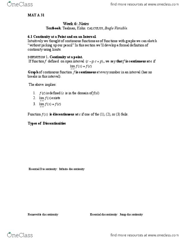 MATA31H3 Lecture Notes - Lecture 8: Classification Of Discontinuities, Intermediate Value Theorem, Infimum And Supremum thumbnail
