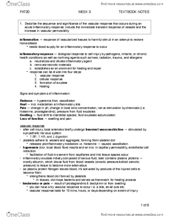 PAT 20A/B Chapter Notes - Chapter 10, 65, 67: Vascular Permeability, Hyperaemia, Exudate thumbnail