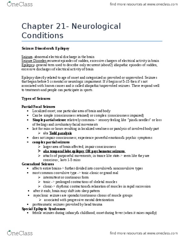 KINE 2490 Chapter Notes - Chapter 21: Partial Seizure, Idiopathy, Brainstem thumbnail