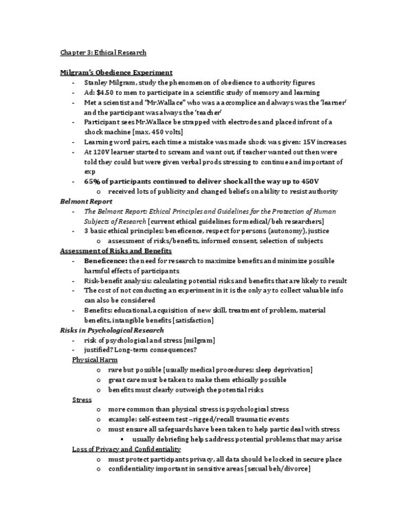 PSYB01H3 Chapter Notes - Chapter 3: Stanley Milgram, Belmont Report, Informed Consent thumbnail