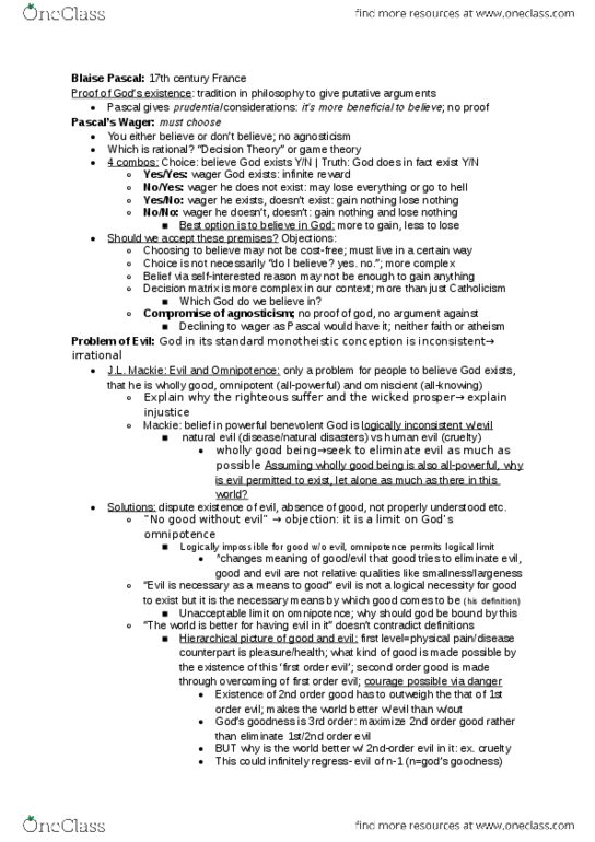 PHIL 200 Lecture Notes - Lecture 5: Blaise Pascal, Agnosticism, Decision Matrix thumbnail