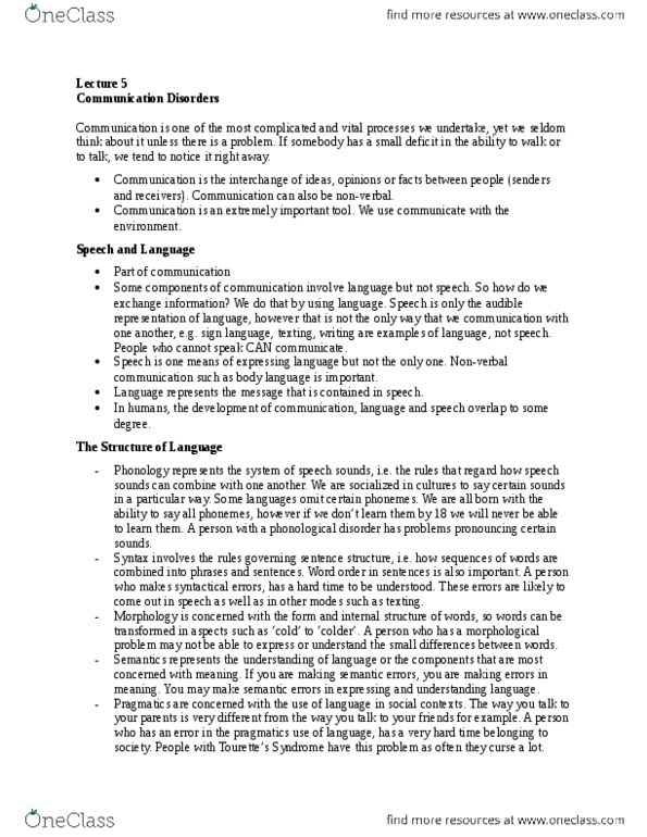 PSY345H5 Lecture Notes - Lecture 5: Tourette Syndrome, Speech Disorder, Nonverbal Communication thumbnail