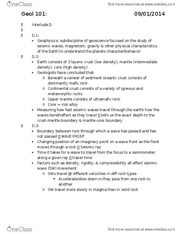 GEOL 101 Lecture Notes - Lecture 4: Ultramafic Rock, Seismic Wave, Continental Crust thumbnail