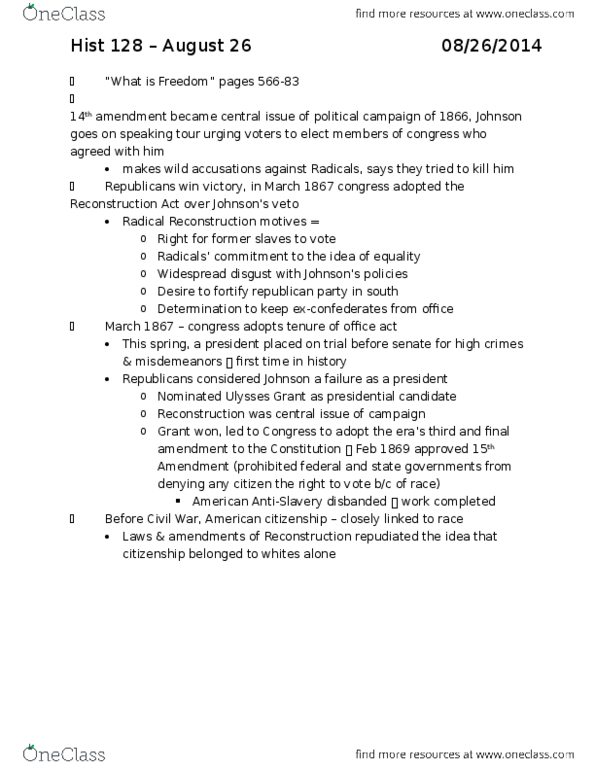 HIST 128 Lecture Notes - Lecture 12: Reconstruction Amendments, Reconstruction Acts, Southern Living thumbnail