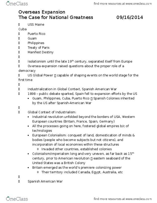 HIST 128 Lecture Notes - Lecture 12: Isolationism, Industrial Revolution, Social Darwinism thumbnail