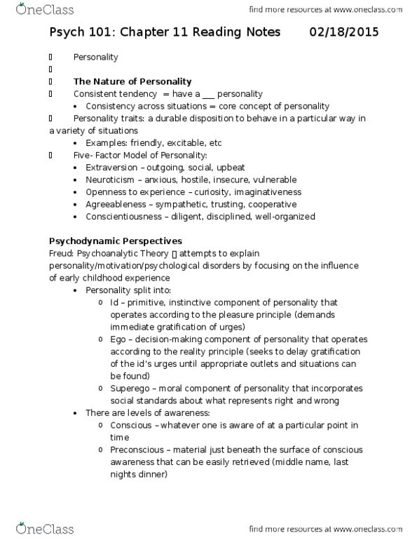 PSYC 101 Chapter Notes - Chapter 11: Reality Principle, Preconscious, Extraversion And Introversion thumbnail