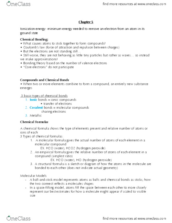 CHEM 120 Chapter Notes - Chapter 5: Ionic Compound, Chemical Formula, Ionic Bonding thumbnail