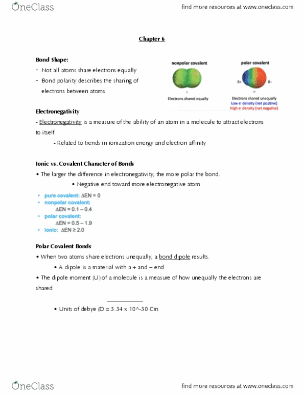 CHEM 120 Chapter Notes - Chapter 6: Debye, Chemical Polarity, Electronegativity thumbnail