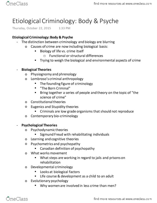 CRCJ 1000 Lecture Notes - Lecture 8: Johann Spurzheim, Biosocial Criminology, Hans Eysenck thumbnail