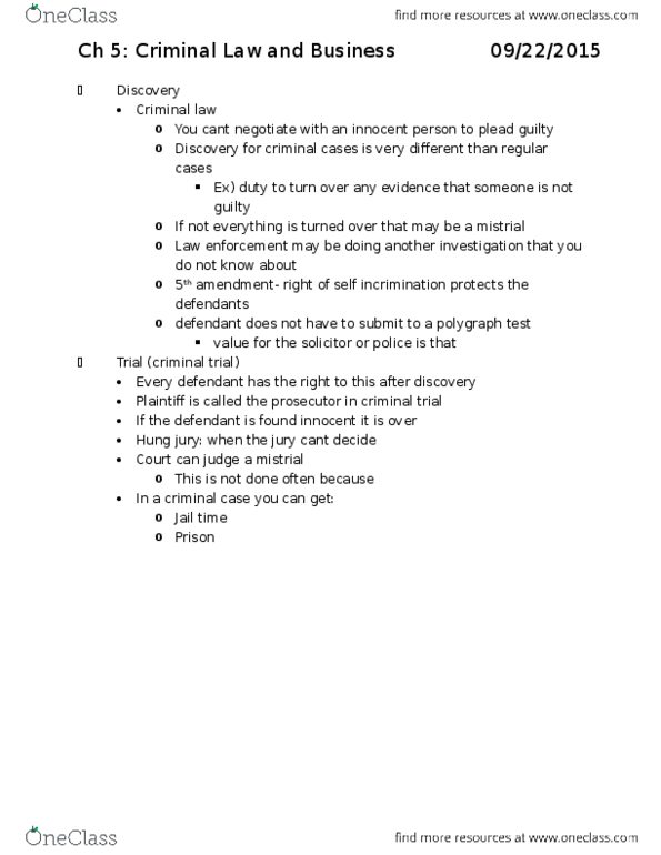 LAW 3220 Lecture Notes - Lecture 5: Hung Jury, Trial, Federal Crime In The United States thumbnail