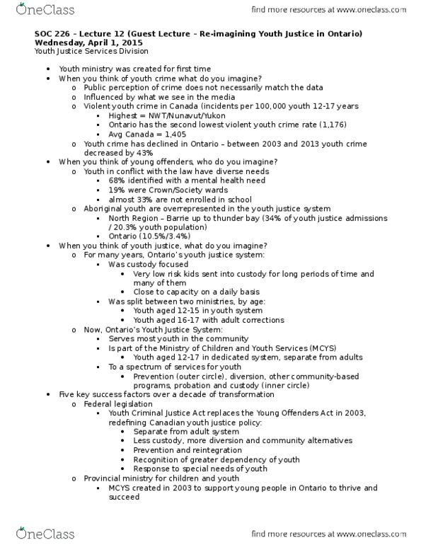 SOC205 Lecture Notes - Lecture 12: Youth Ministry, Juvenile Delinquency, Youth Criminal Justice Act thumbnail