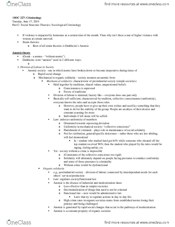 SOC227 Lecture Notes - Lecture 5: Mechanical And Organic Solidarity, Anomie, Ritualism In The Church Of England thumbnail