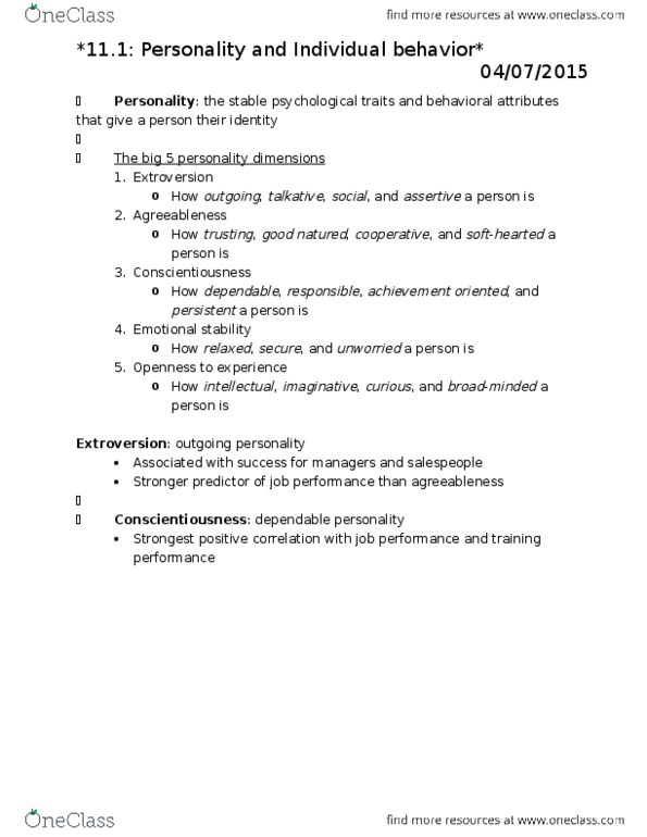 MGT-2010 Chapter Notes - Chapter 11: Graphology, Extraversion And Introversion, Job Performance thumbnail