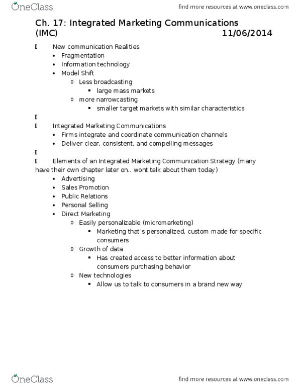 MKT-3010 Lecture Notes - Lecture 17: Integrated Marketing Communications, Narrowcasting, Pinterest thumbnail