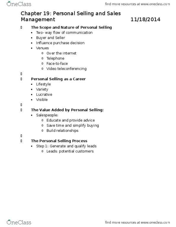 MKT-3010 Lecture Notes - Lecture 19: Sales Management, Telemarketing thumbnail