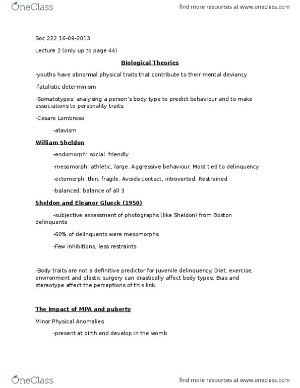 SOC222 Lecture Notes - Lecture 2: Juvenile Delinquency, Cesare Lombroso, Somatotype And Constitutional Psychology thumbnail