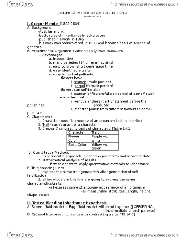 01:119:115 Lecture Notes - Lecture 12: Gregor Mendel, Stamen, Gynoecium thumbnail