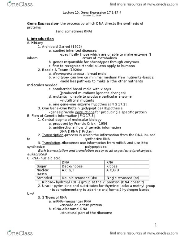 01:119:115 Lecture Notes - Lecture 15: Neurospora Crassa, Francis Crick, Methyl Group thumbnail