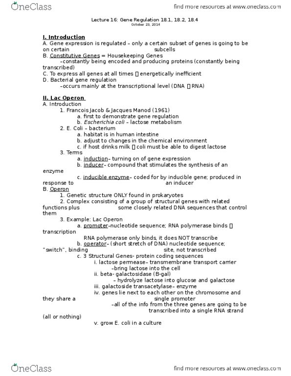 01:119:115 Lecture Notes - Lecture 16: Lactose Permease, Beta-Galactosidase, Lac Operon thumbnail