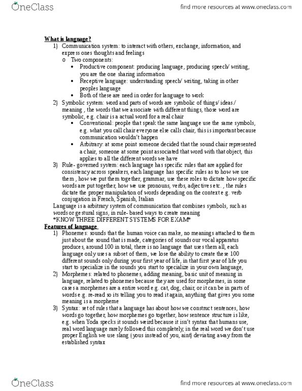 PSY 102 Lecture Notes - Lecture 1: Language Processing In The Brain, Formal Language, Phoneme thumbnail