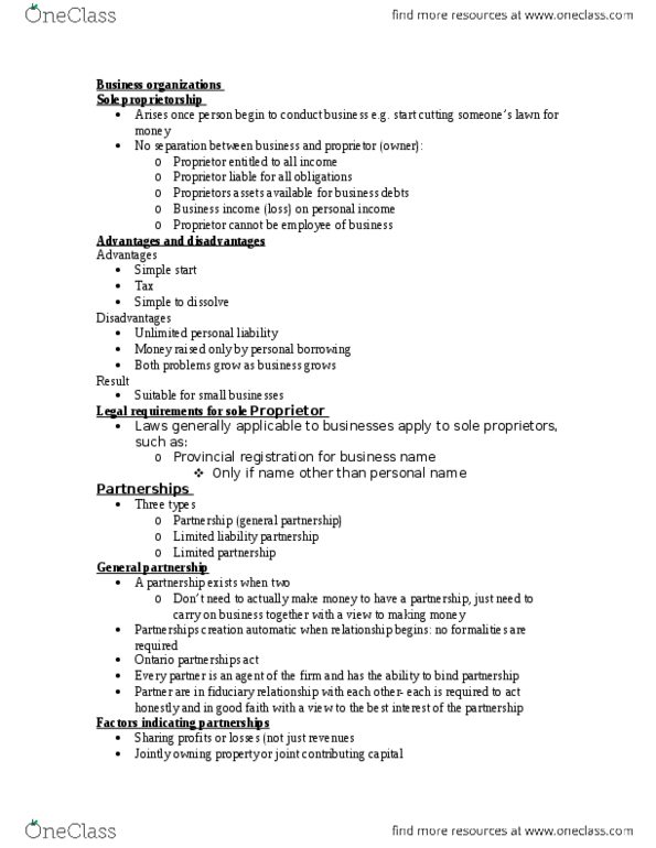 LAW 122 Lecture Notes - Lecture 8: Sole Proprietorship, General Partnership, Fiduciary thumbnail