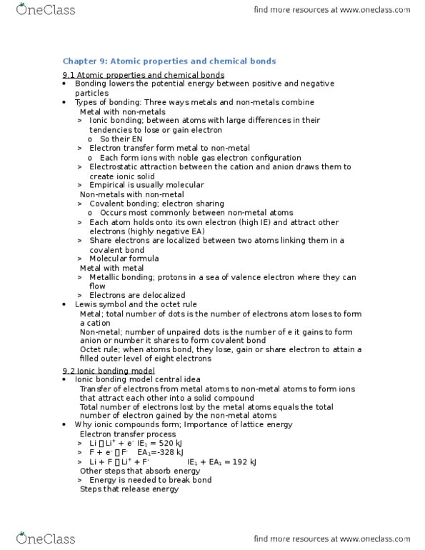 CHEM103 Chapter Notes - Chapter 9: Ionic Compound, Ionic Bonding, Octet Rule thumbnail