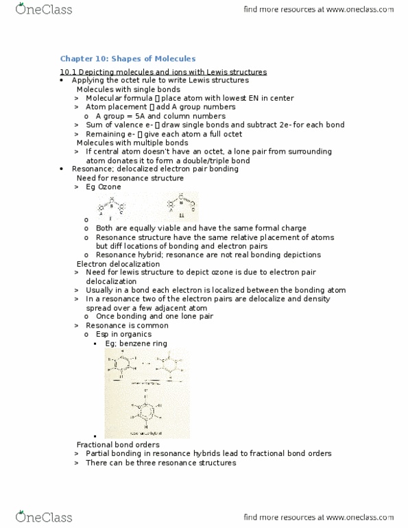 CHEM103 Chapter Notes - Chapter 10: Delocalized Electron, Octet Rule, Lone Pair thumbnail