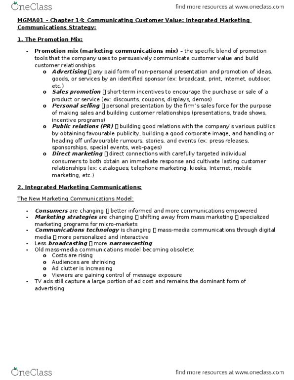 MGMA01H3 Chapter Notes - Chapter 14: Integrated Marketing Communications, Marketing Communications, Mobile Marketing thumbnail