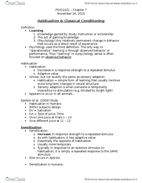 PSYO 1021 Lecture Notes - Lecture 20: Classical Conditioning thumbnail