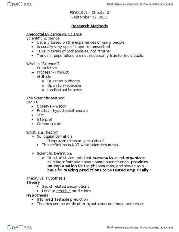 PSYO 1021 Lecture Notes - Lecture 5: Falsifiability, Operational Definition, Scatter Plot thumbnail